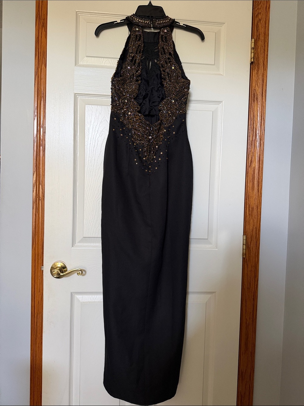 Vintage Embellished Halter Black Gown with Beaded Neckline